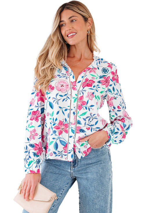 Floral Print Button Front Ladder Trim Woven Blouse