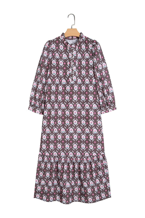 Floral Print Button Front Ruffle Hem Midi Dress