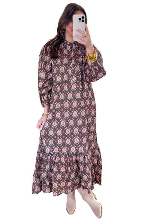 Floral Print Button Front Ruffle Hem Midi Dress