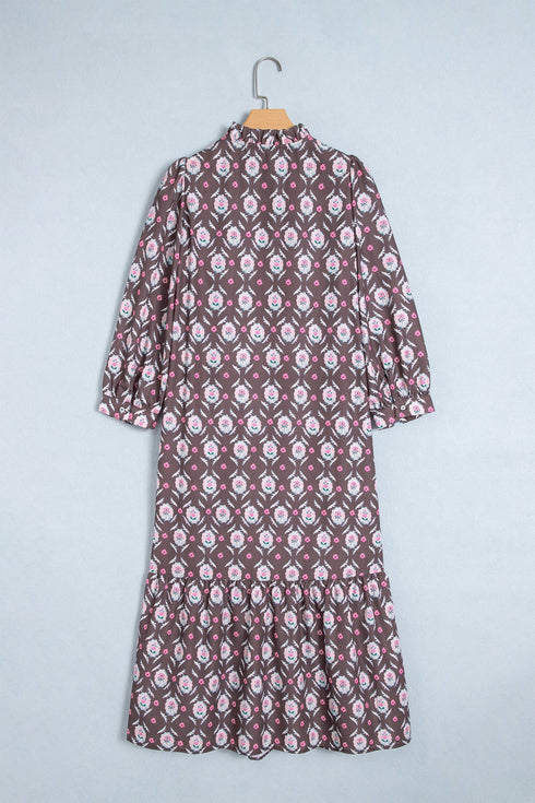 Floral Print Button Front Ruffle Hem Midi Dress
