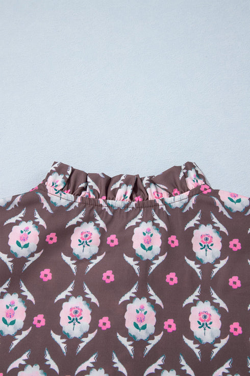Floral Print Button Front Ruffle Hem Midi Dress