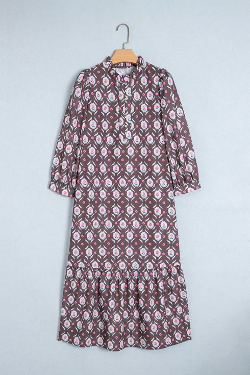 Floral Print Button Front Ruffle Hem Midi Dress