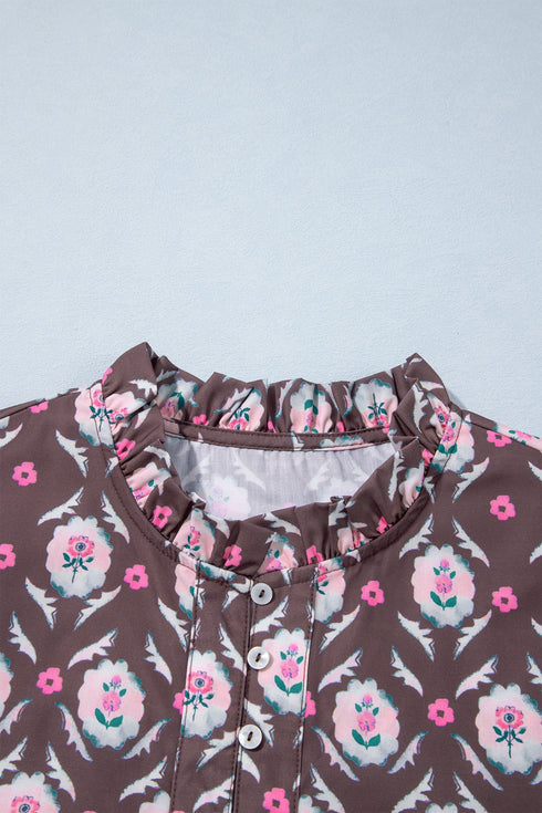 Floral Print Button Front Ruffle Hem Midi Dress