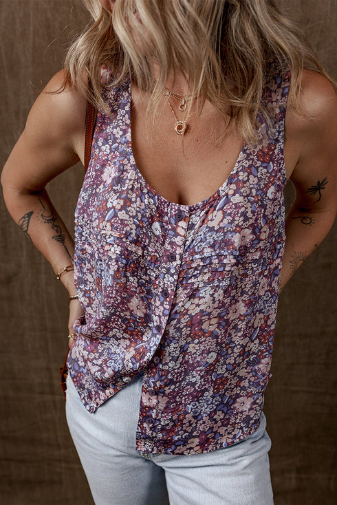 Floral Print Button Front Sleeveless Woven Tank