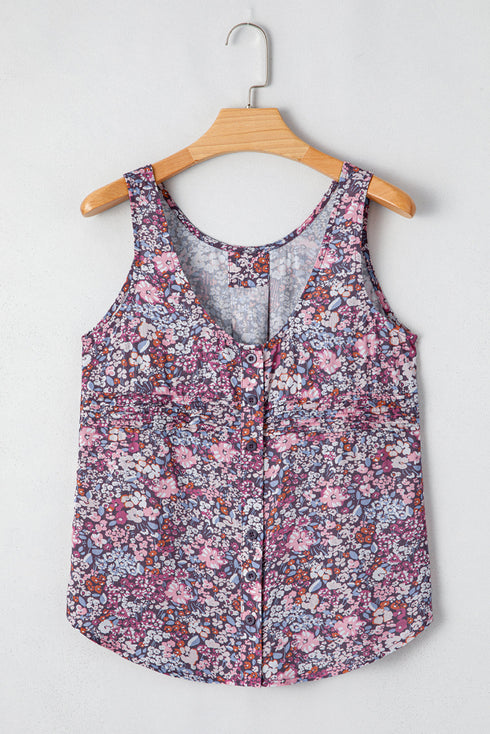 Floral Print Button Front Sleeveless Woven Tank