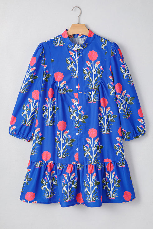 Floral Print Button Puff Sleeve Ruffle Hem Dress