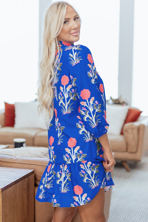 Floral Print Button Puff Sleeve Ruffle Hem Dress