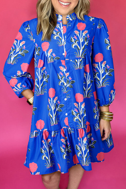 Floral Print Button Puff Sleeve Ruffle Hem Dress