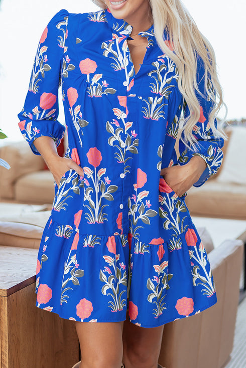 Floral Print Button Puff Sleeve Ruffle Hem Dress