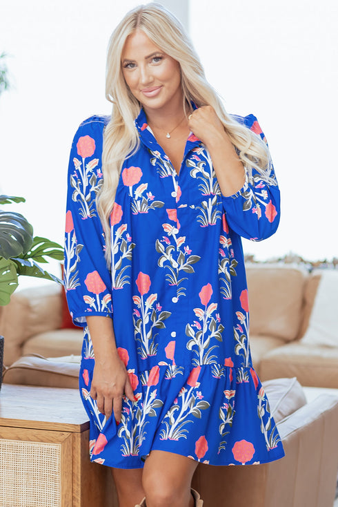 Floral Print Button Puff Sleeve Ruffle Hem Dress