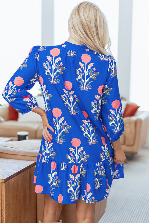 Floral Print Button Puff Sleeve Ruffle Hem Dress