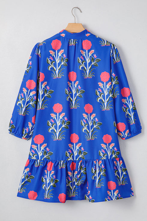 Floral Print Button Puff Sleeve Ruffle Hem Dress
