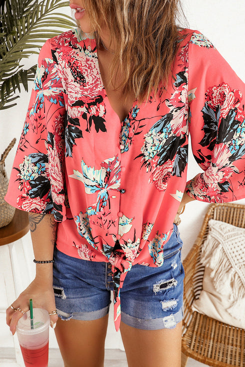 Floral Print Button Tie Top