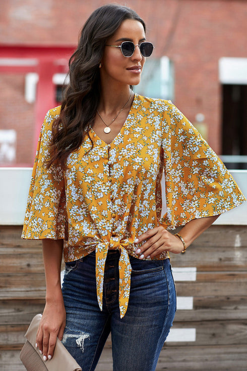Floral Print Button Tie Top
