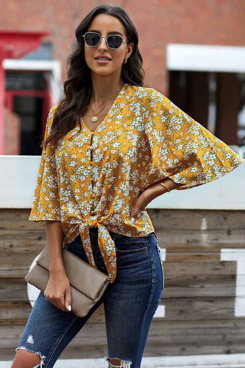 Floral Print Button Tie Top