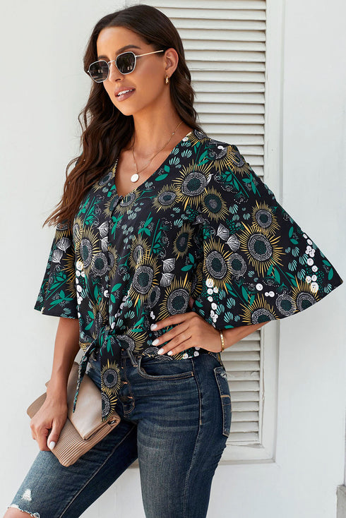 Floral Print Button Tie Top