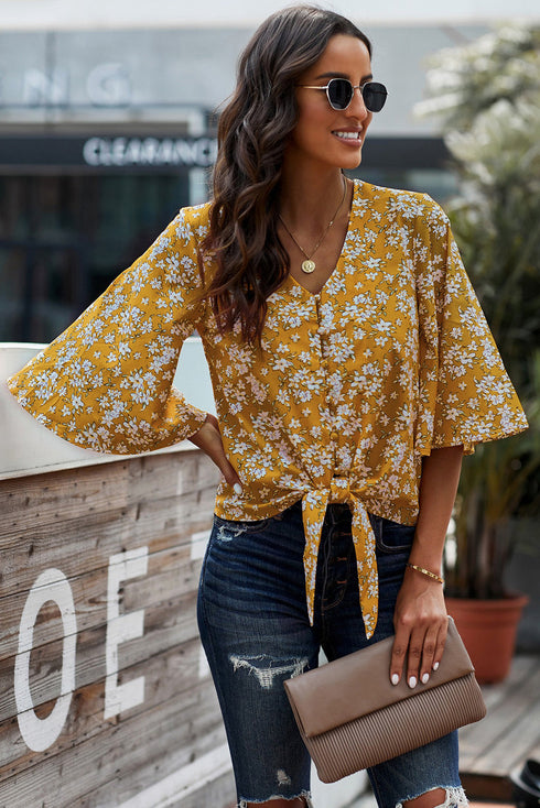 Floral Print Button Tie Top