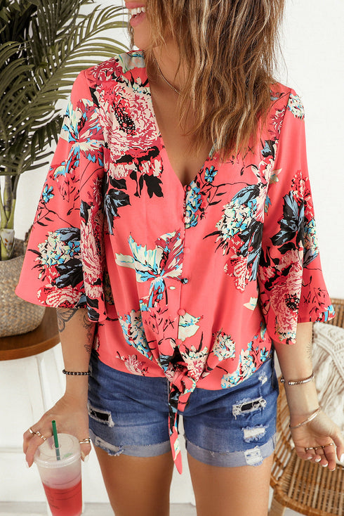 Floral Print Button Tie Top