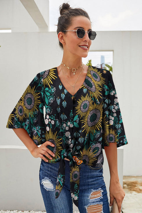 Floral Print Button Tie Top