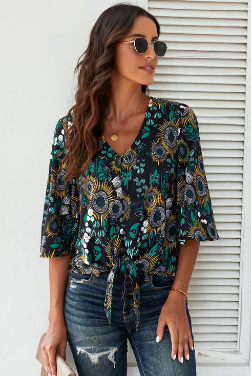 Floral Print Button Tie Top