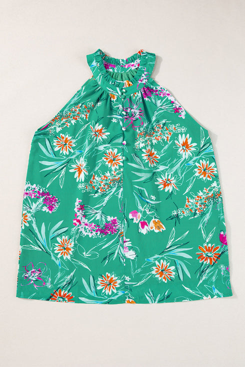 Floral Print Buttoned Neckline Tank Top