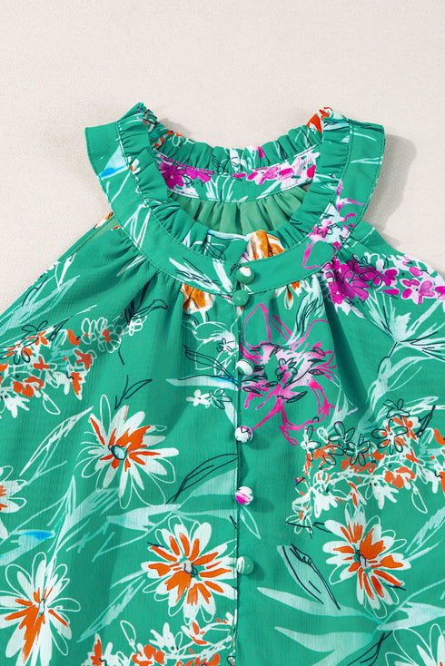 Floral Print Buttoned Neckline Tank Top