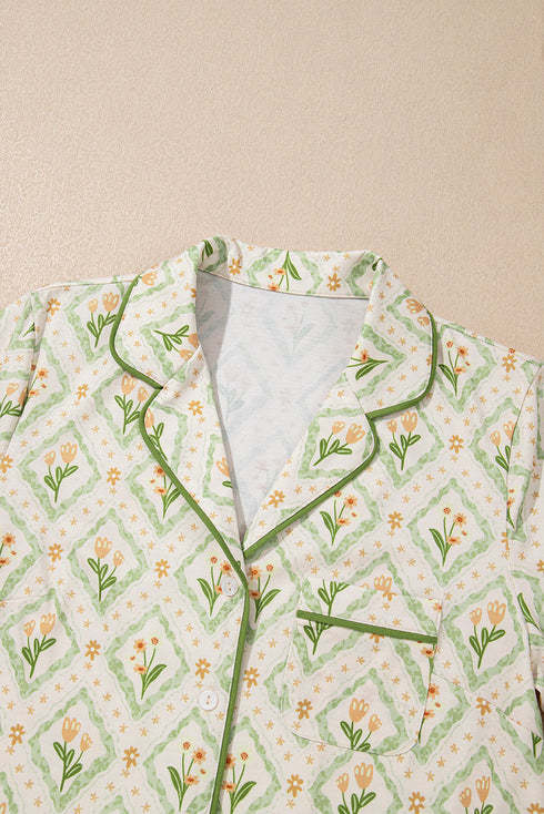 Floral Print Collared Button Down Short Pajama Set