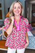 Floral Print Collared Puff Sleeve V Neck Blouse