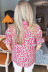 Floral Print Collared Puff Sleeve V Neck Blouse