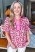Floral Print Collared Puff Sleeve V Neck Blouse