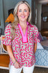Floral Print Collared Puff Sleeve V Neck Blouse