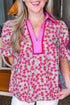 Floral Print Collared Puff Sleeve V Neck Blouse