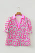 Floral Print Collared Puff Sleeve V Neck Blouse