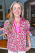 Floral Print Collared Puff Sleeve V Neck Blouse