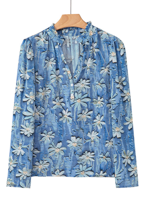 Floral Print Collared V Neck Half Placket Blouse
