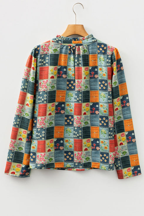 Floral Print Collared V Neck Half Placket Blouse