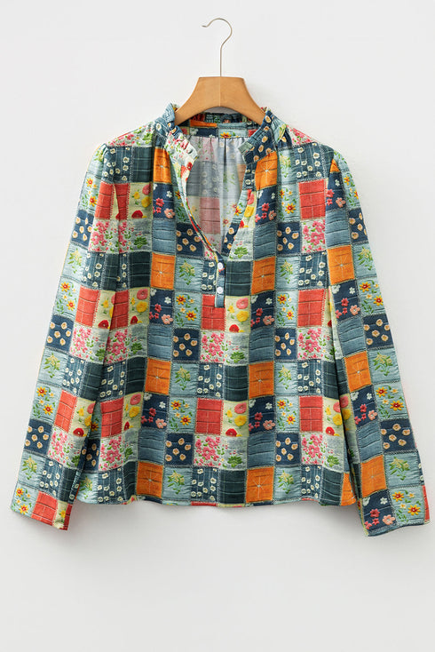 Floral Print Collared V Neck Half Placket Blouse
