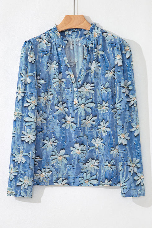 Floral Print Collared V Neck Half Placket Blouse