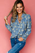 Floral Print Collared V Neck Half Placket Blouse