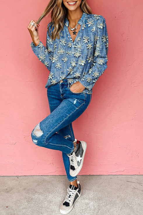 Floral Print Collared V Neck Half Placket Blouse