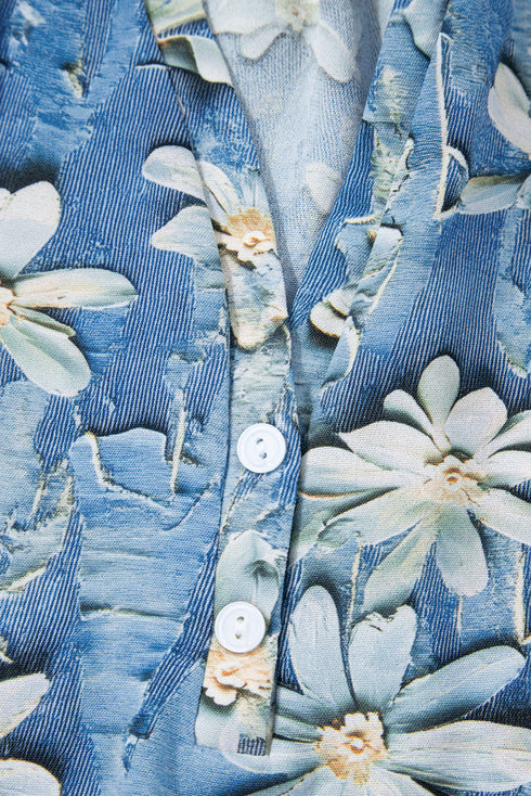Floral Print Collared V Neck Half Placket Blouse