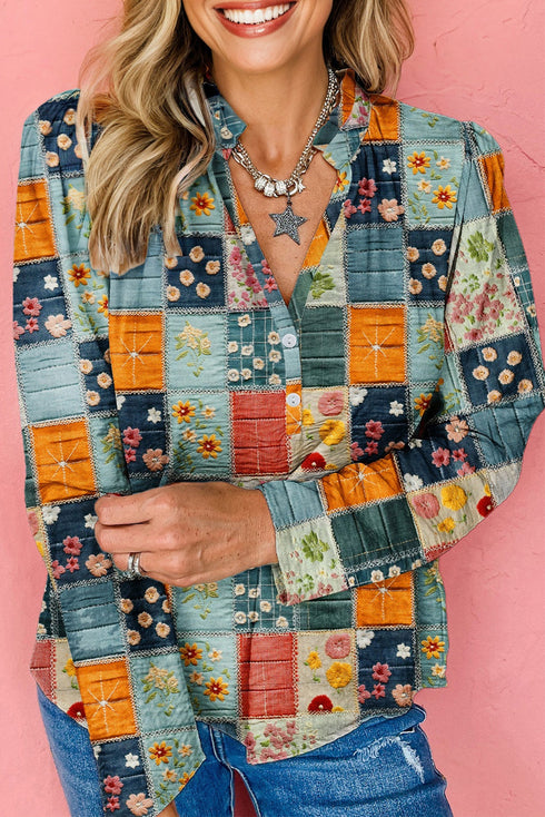 Floral Print Collared V Neck Half Placket Blouse