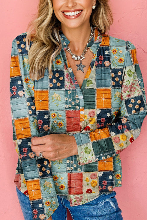 Floral Print Collared V Neck Half Placket Blouse