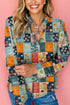 Floral Print Collared V Neck Half Placket Blouse