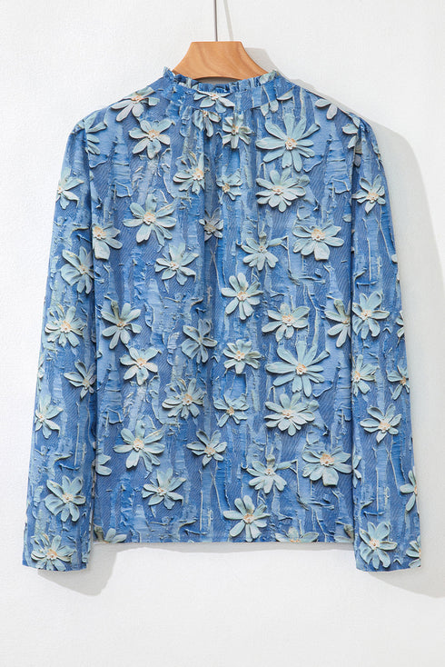Floral Print Collared V Neck Half Placket Blouse