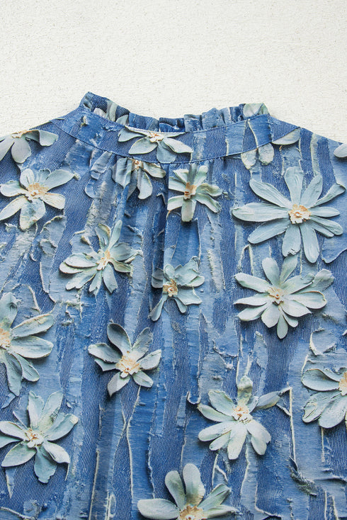 Floral Print Collared V Neck Half Placket Blouse