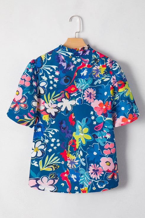 Floral Print Collared V Neck Puff Short Sleeve Blouse