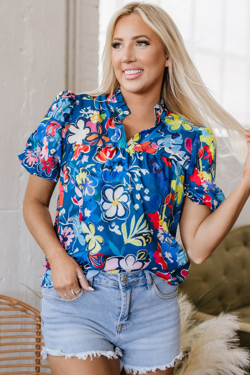 Floral Print Collared V Neck Puff Short Sleeve Blouse