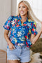 Floral Print Collared V Neck Puff Short Sleeve Blouse