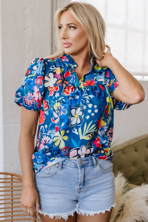 Floral Print Collared V Neck Puff Short Sleeve Blouse